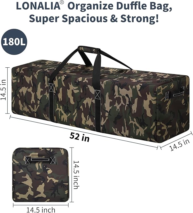 52 Inch Large Duffle Bag for Travel Camping - 180L Extra Large Heavy Duty Duffel Bag, Sport Equipment Storage Bag with 2 Sides Handles-Camo