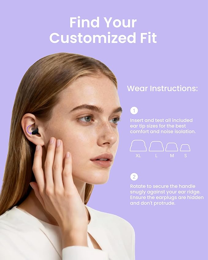 Ear Plugs for Sleeping All-Night Wear without Ear Pain Side Sleeper Patent Qufits Eartips Ultra-Comfy Reusable Earplugs for Sleep, Focus, Study, Travel, 23dB Noise Reduction - Violet