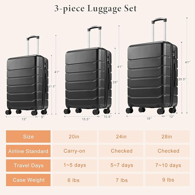 Sweetcrispy Carry on Suitcase Set, Luggage with Spinner Wheels, Hard Shell ABS, TSA Lock, Bronze Black, 3-PCS Set (20/24/28 inch)