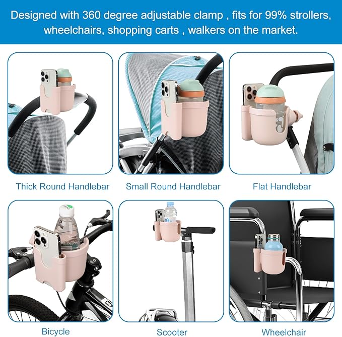 Accmor Stroller Cup Holder with Phone Holder, Bike Cup Holder, Universal Cup Holder for Uppababy Nuna Doona Strollers, 2-in-1 Cup Phone Holder for Stroller Bike Wheelchair Walker Accessory