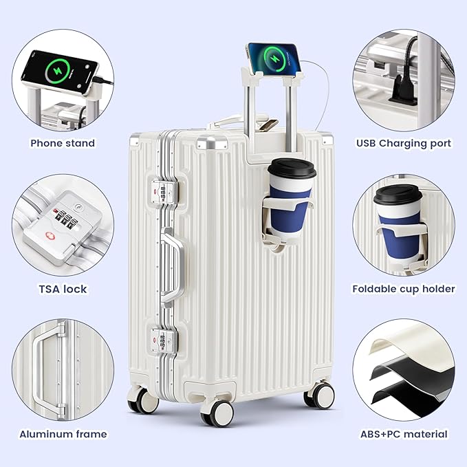 20 Inch Carry On Suitcase, Aluminum Frame Zipperless Hard Shell Luggage with Spinner Wheels, TSA Lock, USB Charging Port, Phone Holder, Cup Holder for Business Travel and Trips, White