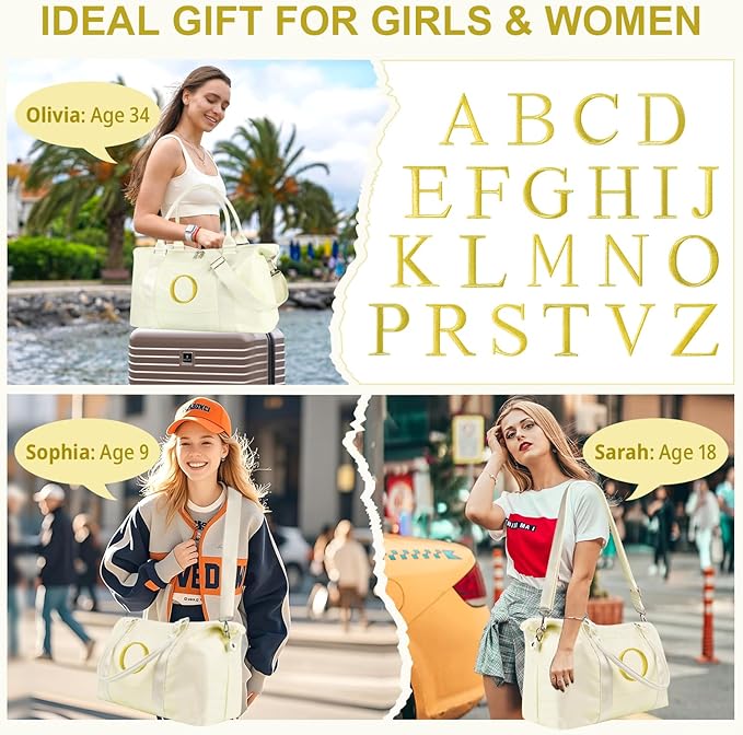Personalized Initial Gym Dance Bag, Travel Duffel Bag for Teen Girls, Carry On Bag Overnight Weekender Bag with Trolley Sleeve, Birthday Gifts for Women Mom Daughter Graduation Gift(Letter O, Beige)