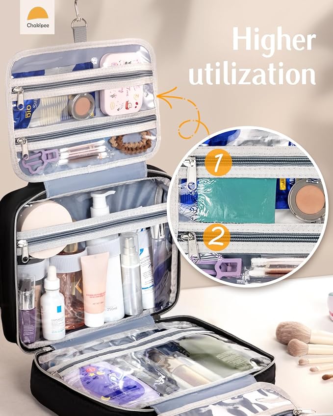 Travel Hanging Toiletry Bag for Women - Waterproof Cosmetic Organizer with Clear Window, Lightweight Bathroom Bags for Essentials, Makeup, Shampoo, Toiletries Black,Large