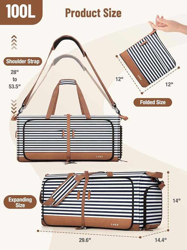 Lekesky Foldable Travel Duffle Bag for Women, 100L Large Duffel Bag with Separate Shoes Compartments & Straps, Carry On Weekend Bag for Women, Hospital, Overnight (Blue Stripes)