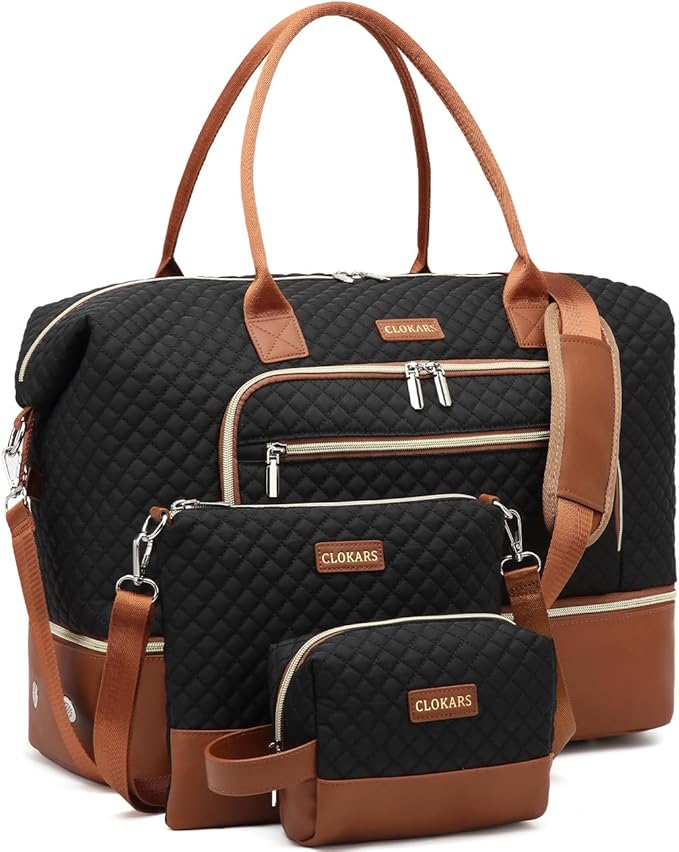 Weekender Bags for Women, Travel Duffle Bag Carry On Overnight Bag with Cosmetics Bag and Crossbody Purse for Gym Hospital, Gifts for Women, Black Brown