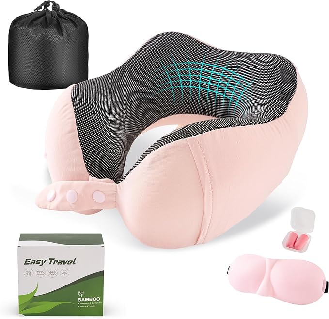 Neck Pillow for Traveling, Travel Pillows for Airplanes,100% Pure Memory Foam Travel Neck Pillow, Adjustable Flight Pillow, Portable Plane Accessories with Eye Mask, Earplugs, Carry Bag