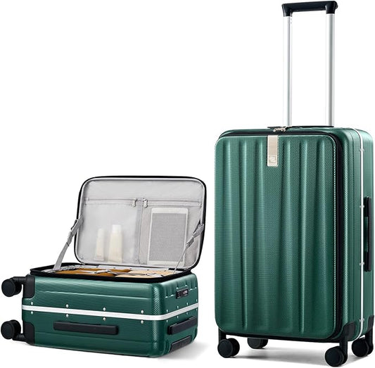 Hanke 24 Inch Checked Luggage Front Opening Rolling Suitcase Hard Sided Luggage with Spinner Wheels Travel Luggagefor Woman Men.(Dark Green)
