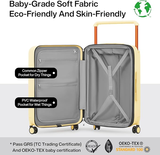 mixi Large Capacity Expandable Carry On Luggage Airline Approved 20'' Lightweight Luggage Wide Handle PC Hardshell Suitcases with Spinner Wheels & TSA Lock, Lark Yellow