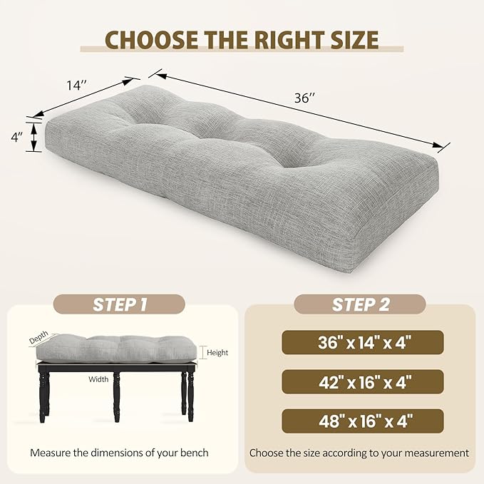 downluxe Indoor Bench Cushion for Indoor Furniture, Non-Slip Tufted Overstuffed Textured Foam Bench Seat Cushion, 36" X 14" X 4", Light Grey, 2 Pack