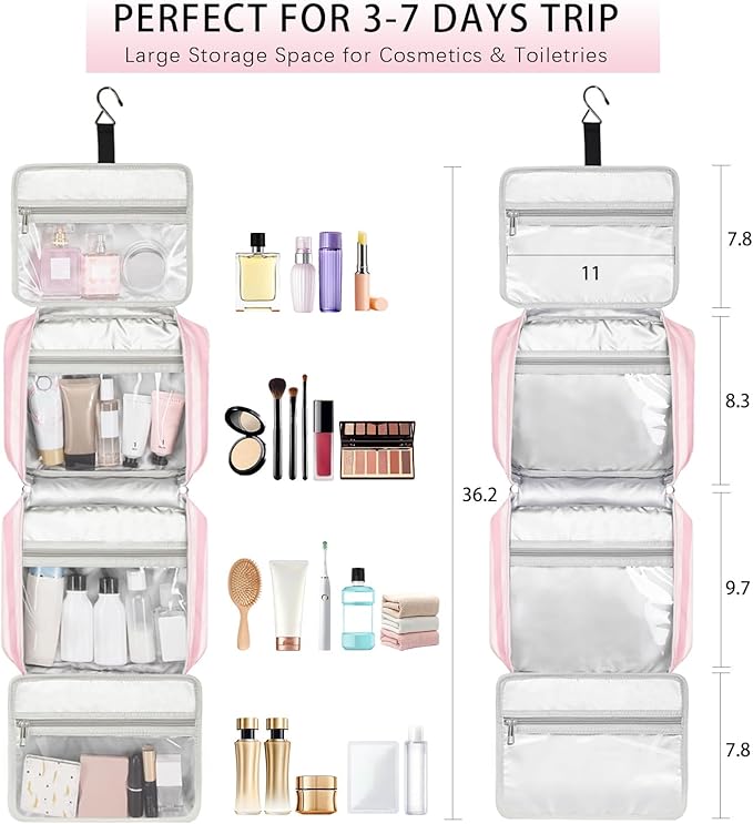 Bosidu Hanging Travel Toiletry Bag,Large Capacity Cosmetic Travel Toiletry Organizer for Women with 4 Compartments & 1 Sturdy Hook,Perfect for Travel/Daily Use/Christmas