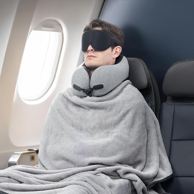 Neck Pillow and Blanket Set for Travel Memory Foam Design Models Pillows with Eye Mask and 50% More Storage Bag Traveling Essentials Plane Car Flight Rest Sleeping Use Adult, Light Gray