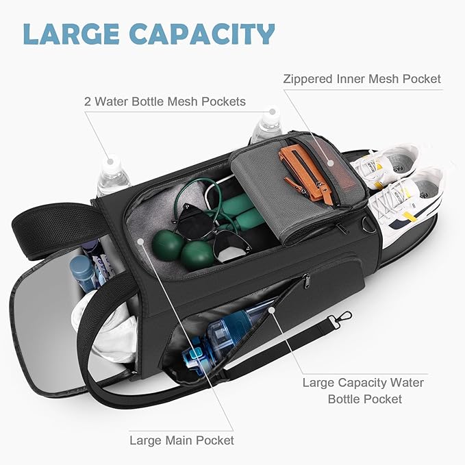 MIYCOO Gym Bag for Women Men, Duffle Travel Bag with Shoes Compartment and Wet Pocket, Waterproof Overnight Carry On Bag Backpack with Two Elastic Bottle Holders for Travel, Workout, Sports, Weekend