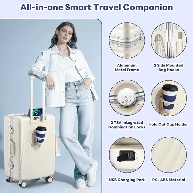 20 Inch Carry On Luggage, Zipperless Luggage with Spinner Wheels, Airline Approved Suitcase with Cup Holder, TSA Lock and USB Charger for Travel, Ivory White
