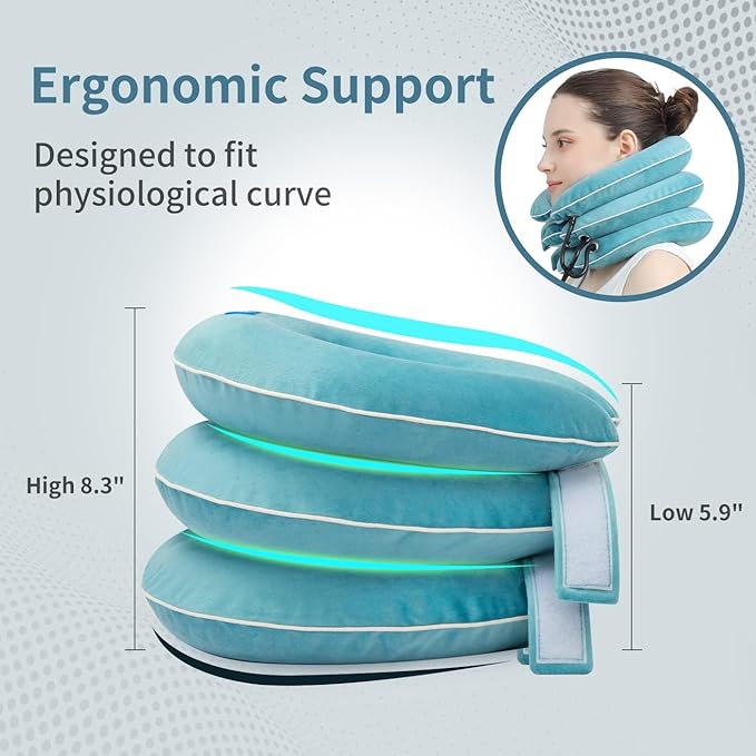 Cervical Neck Traction Device for Neck Pain Relief - Inflatable Neck Stretcher Traction Collar for Neck Decompression - Best Home Use Neck Brace Pump (Blue Plush)