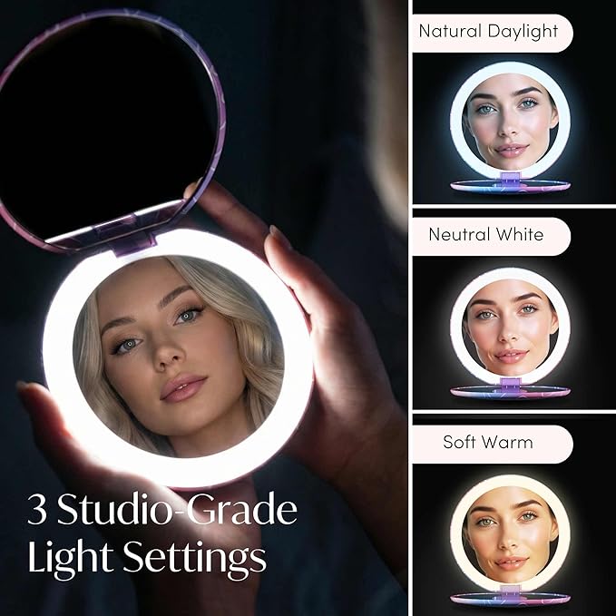 Fancii Taylor LED Lighted Travel Makeup Mirror, Rechargeable, 10x /1x Magnifying, Tru-Glow Lighting System, XL Large 5” Wide | Compact Mirror for Purses (Lovestruck)