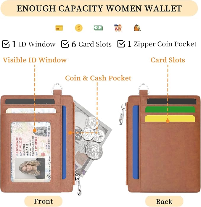 Hancynir Slim Wallet Women Credit Card Holder Minimalist Brown Vintage RFID Small Mini Card Case Front Pocket PU Leather Thin Travel Zipper Coin Cash ID Window Girls Wallet Gifts