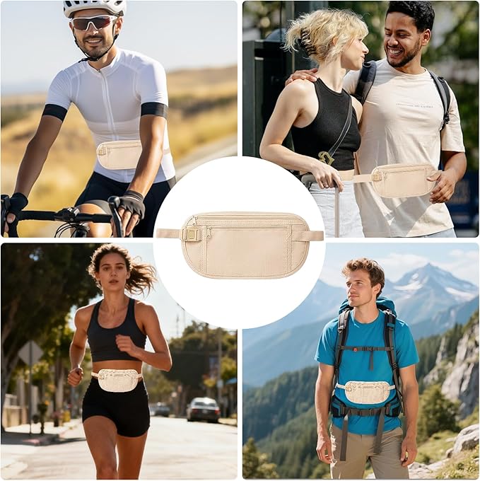 Money Belt for Travel with Anti-Theft RFID Blocking Cards Cover, Phone Wrist Strap, Passport Holder, Slim Waist Wallet Men Women, Money Pouch under Clothes for Travel, Running, Hiking, Beige