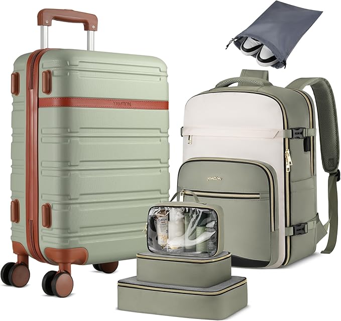 YAMTION Luggage Sets 6 Piece,Hardside 20In Suitcase with Spinner Wheels,TSA Lock,Carry On Suitcase Travel Essentials for Personal Items,Green