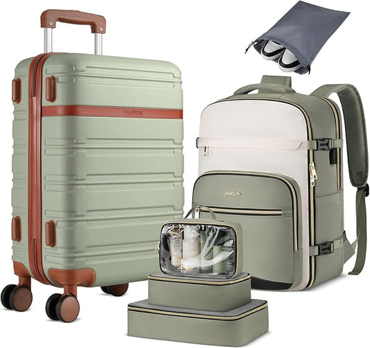 YAMTION Luggage Sets 6 Piece,Hardside 20In Suitcase with Spinner Wheels,TSA Lock,Carry On Suitcase Travel Essentials for Personal Items,Green