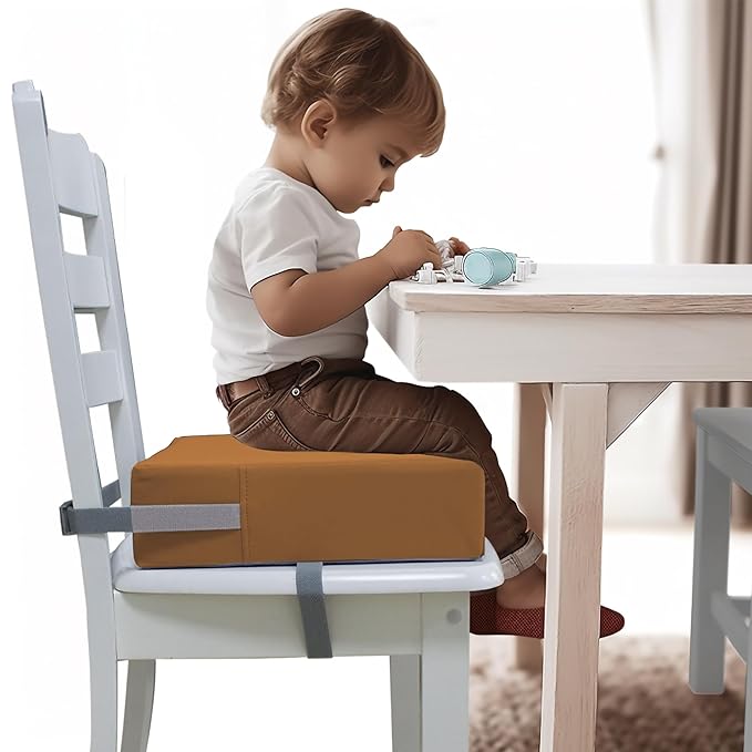 Toddler Booster Seat Dining Table Kitchen Chair, Waterproof Anti-Scratch PU Cushion, Non-Slip Bottom, Adjustable Buckle Straps, Easy Clean Portable Seat Cushion (Brown)