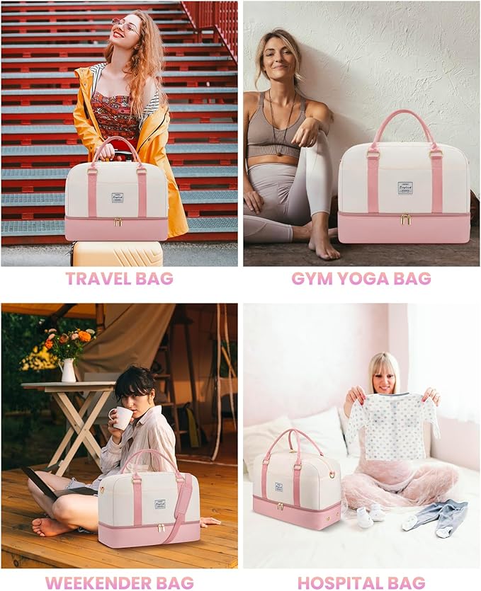 Weekender Travel Duffle Bag for Women: Overnight Bags with Shoe Compartment Carry on Bags for Airplanes with Toiletry Bag Yoga Gym Bag with Wet Pocket Travel Duffel Tote Bag Hospital Bag Pink Beige