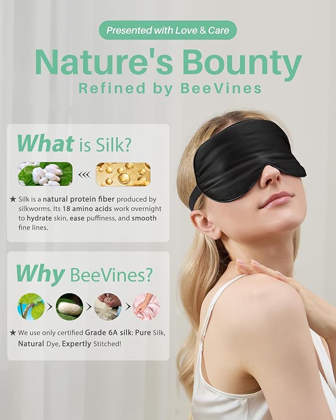 BeeVines 100% Real Mulberry Silk 2 Pack Sleep Mask, Pure Silk Eye Masks with Adjustable Strap for Sleeping, 100% Block Light Eye Shade Cover, Reduces Puffy Eyes Traveling Gifts(Black & Galaxy Grey)