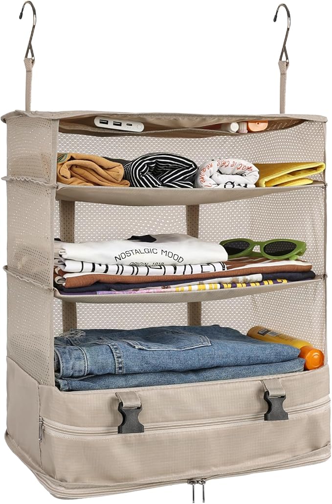 Surblue Hanging Closet Storage Bag Collapsible 3-Shelf Washable Oxford Fabric with 2 Hooks (XL 17.71 * 11.81 * 20in, Beige)