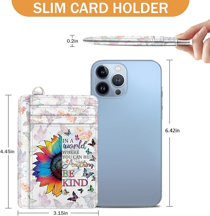 Yonlevres Credit Card Holder Slim Wallet, Be Kind Sunflower RFID Wallet Women Front Pocket Small Card Holder Travel Funny Cute Thin Card Case ID Window PU Leather RFID Blocking Card Organizer Gift