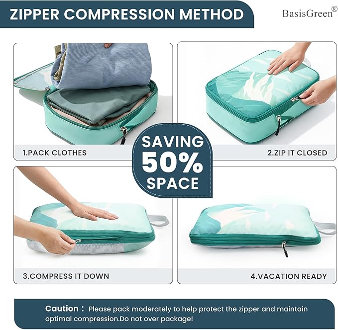 7 Set Compression Packing Cubes for Travel - Compressible/Expandable Luggage Organizer Bags Set, Double Zipper Packing Organizer for Suitcase, Lightweight Travel Essentials Accessories (Half Mesh)