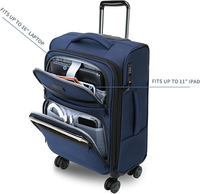 KROSER Softside Expandable Carry On Luggage with Front Business Pockets，20 Inch Suitcases with Spinner Wheels & Built-in TSA Lock, Durable Suitcase Rolling Luggage with USB Port, Navy