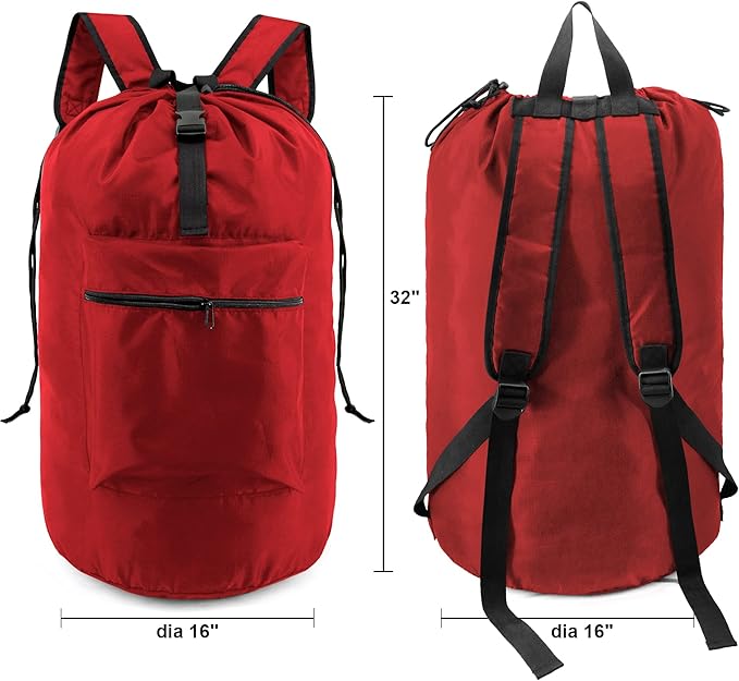 BeeGreen Laundry-Bag-Backpack-Extra-Large, Red Nylon Drawstring Portable Laundry Backpack Tall Foldable Heavy Duty Dirty Clothes Travel Bag with Handle College Dorm Apartment Essentials