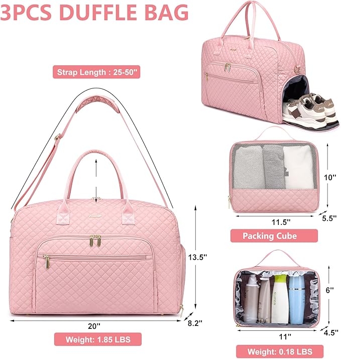 Travel Duffle Weekender Bags for Women - Weekend Bag Womens with Shoe Compartment Carry On Overnight Bag with Toiletry Bag Duffel Bags Wet Pocket Gym Hospital for Labor and Delivery Pink 3 Pcs Set