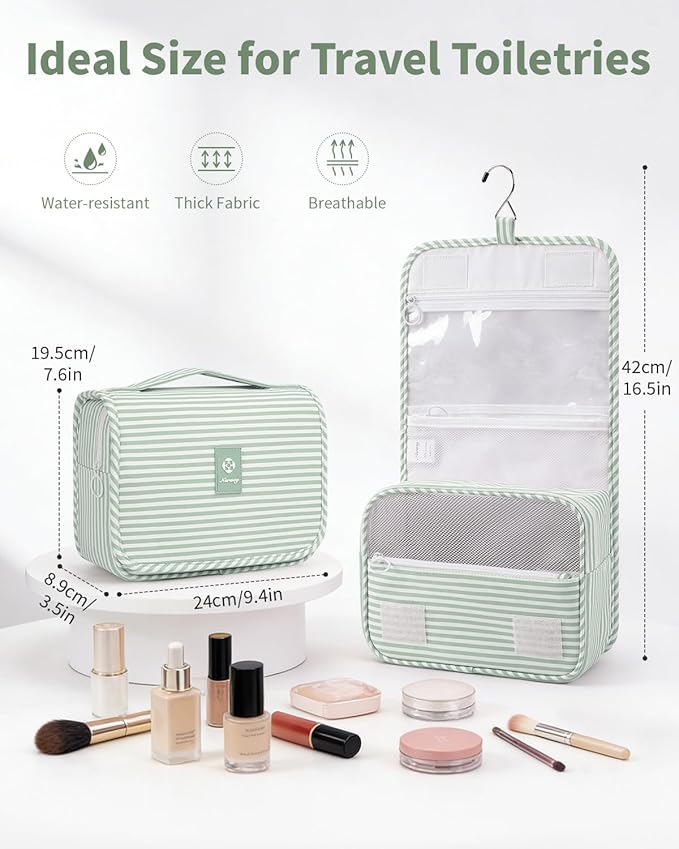 Narwey Small Hanging Toiletry Bag for Travel Women Girl, Striped Toiletries Travel Bag with Hook, Hanging Makeup Bag Organizer Make Up Cosmetic Bags (Mint Green Stripe)