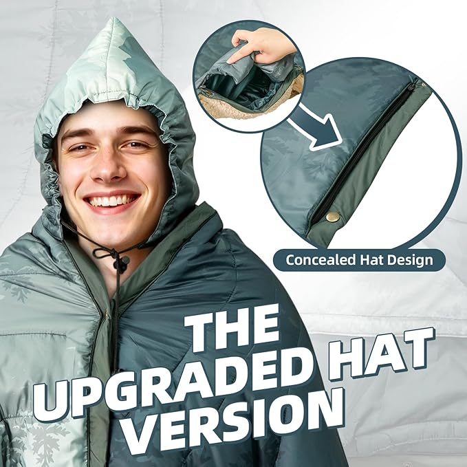Outdoor Camping Blanket with Sherpa Lining, Extra Warm Thick Camp Blankets and Puffy Ultralight Soft Poncho DWR Camping Quilt for Cold Weather, Adventure, Sleeping, Backpacking 78"x 56"