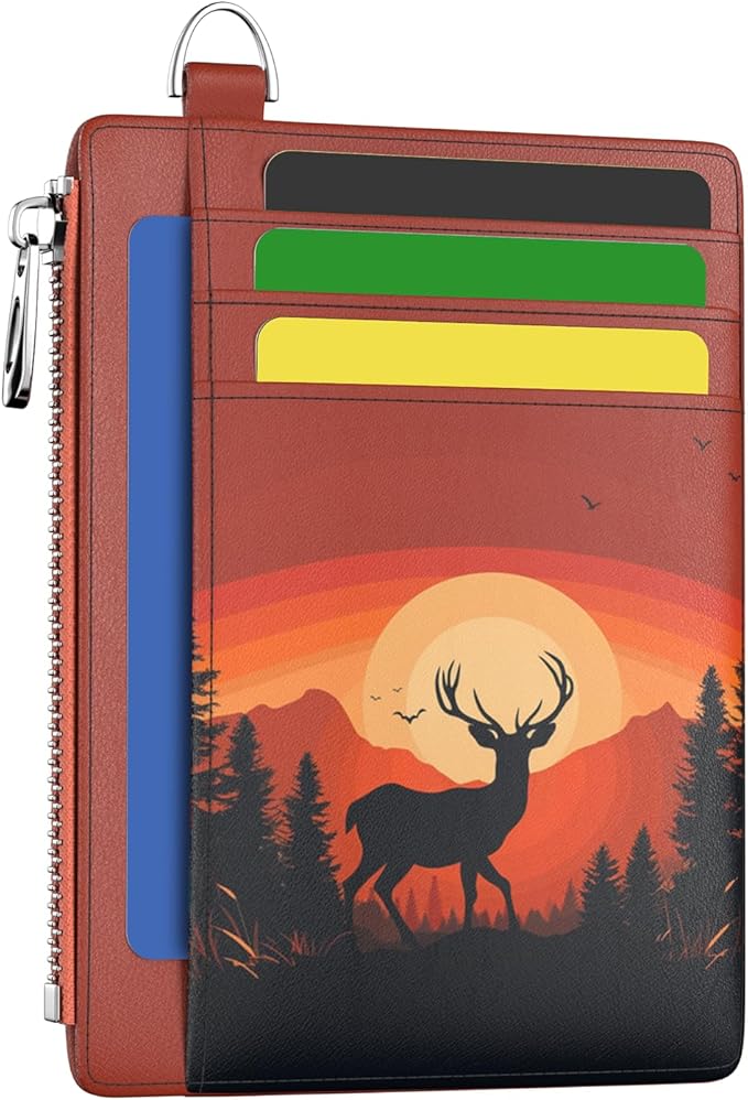 Hancynir Slim Wallet Women Credit Card Holder Sunset Deer RFID Small Mini Card Case Front Pocket PU Leather Thin Travel Zipper Coin Cash ID Window Ladies Female Wallet Gifts