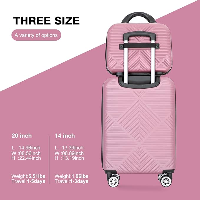 2 Piece Carry on Luggage Set, Airline Approved 20 Inch Luggage with Cosmetic Case HardShell Suitcase with Spinner Wheels, Lightweight Durable Hardside Suitcases Set, Pink