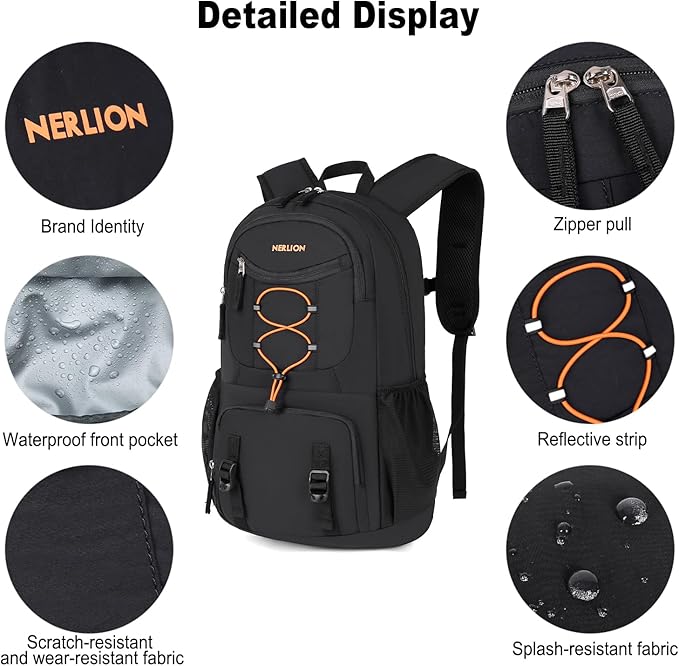 Nerlion 35L Hiking Backpack Travel Backpack for Men Women Camping Waterproof Outdoor Hiking Daypack Lightweight Backpack Black Orange