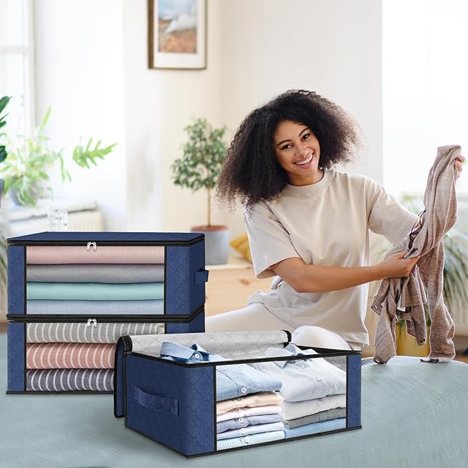 HomeHacks Storage 3-Pack Clothes Organizer Storage Bags Foldable Storage Box with Large Clear Window Sturdy Handles for Closet, Dorm, Pillows, Bedding, Clothes, Blankets, 35L, Blue