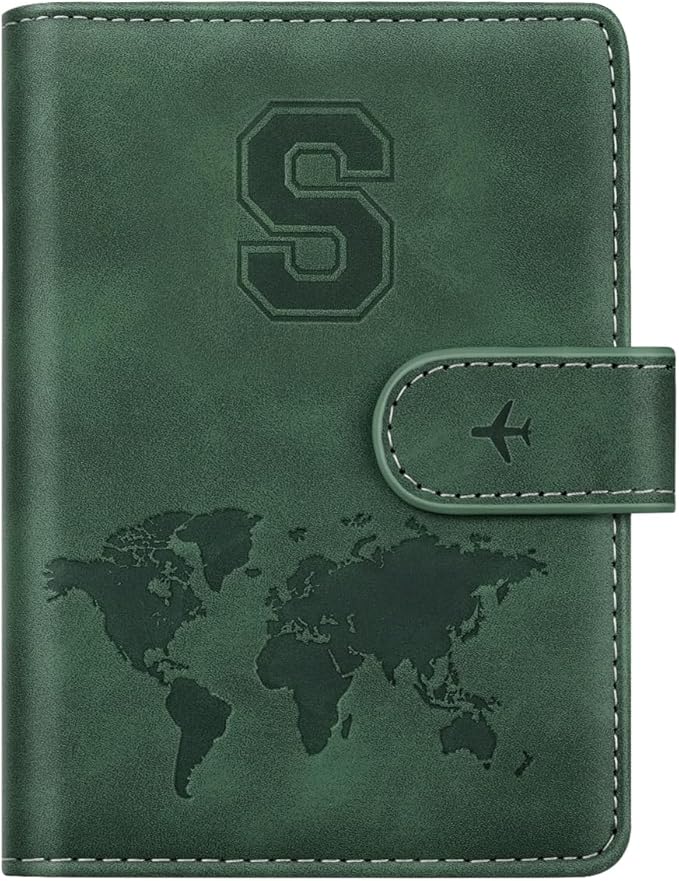 Personalized S Passport Holder Cover Initial Letter Travel Wallet RFID Blocking Passport Cover Credit Card Holder Case Passport Book Holders for Women and Men, Pine Green-S