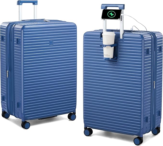 HanTrip 28 Inch Luggage Hard Shell Suitcases, Expandable Travel Checked Luggage 28 Inch, Large Check In Luggage with Spinner Wheels Cup Holder Charger Built in Lightweight Suitcase, Interstellar Blue