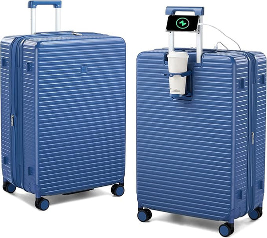 HanTrip 28 Inch Luggage Hard Shell Suitcases, Expandable Travel Checked Luggage 28 Inch, Large Check In Luggage with Spinner Wheels Cup Holder Charger Built in Lightweight Suitcase, Interstellar Blue
