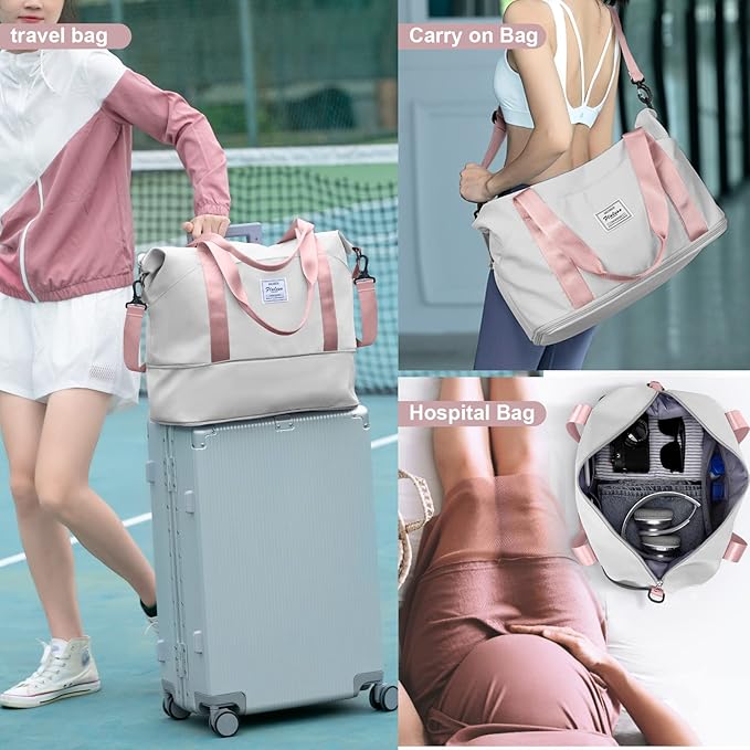 Travel Duffel Bag, Sports Tote Gym Bag, Shoulder Weekender Overnight Bag for Women