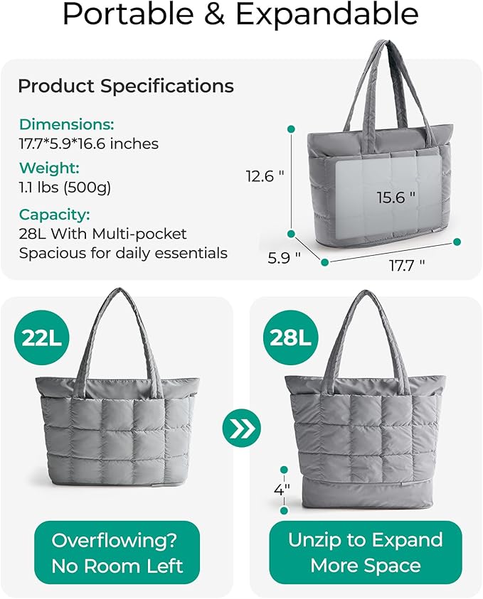 BAGSMART Expandable Tote Bag for Women, Puffer Work Tote Handbag, Quilted Carry On Bag for Travel Gym