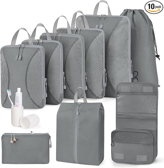 Compression Packing Cubes 10 Sets, Packing Organizers, Extensible Suitcase Organiser Bags, Travel Organizer Cubes for Travel Essentials Grey