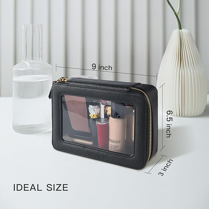 Aveniee Clear Makeup Bag Organizer, Portable Travel Toiletry Cosmetic Bag Case for Women, Heavy Duty Clear Pouch with zipper with Transparent Vinyl Windows & Gold Zippers(Black)