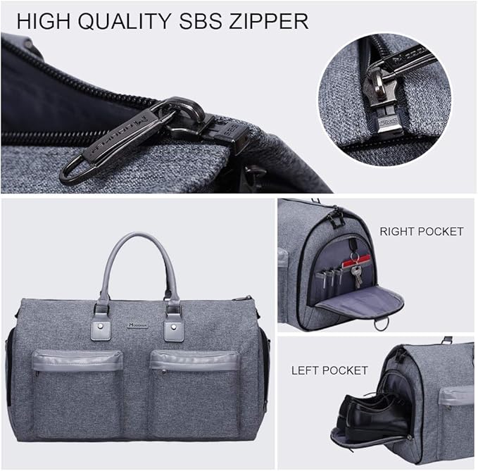 Modoker Convertible Garment Bag with Shoulder Strap, Carry on Garment Duffel Bag for Men Women - 2 in 1 Hanging Suitcase Suit Travel Bags, Grey Heather