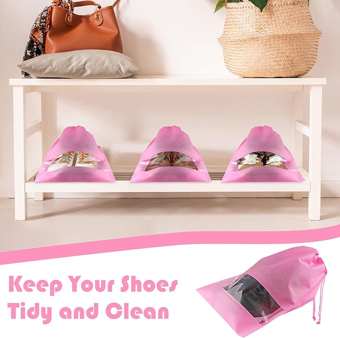Pink Travel Shoe Bags - 5 Pcs Non-Woven Drawstring Packing Bags with Clear Window (15.7" x 11.8")