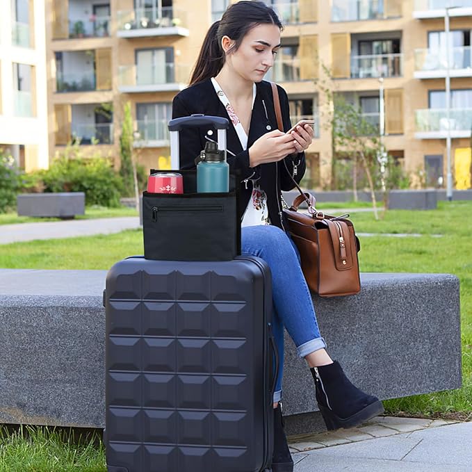 ZHCHG Luggage Travel Cup Holder Attachment for Suitcase Drink Carrier Caddy, Coffee Mug and Tumblers, Traveler Carry on Hands Free Accessory- Gifts for Flight Attendants Travelers Accessories- Navy