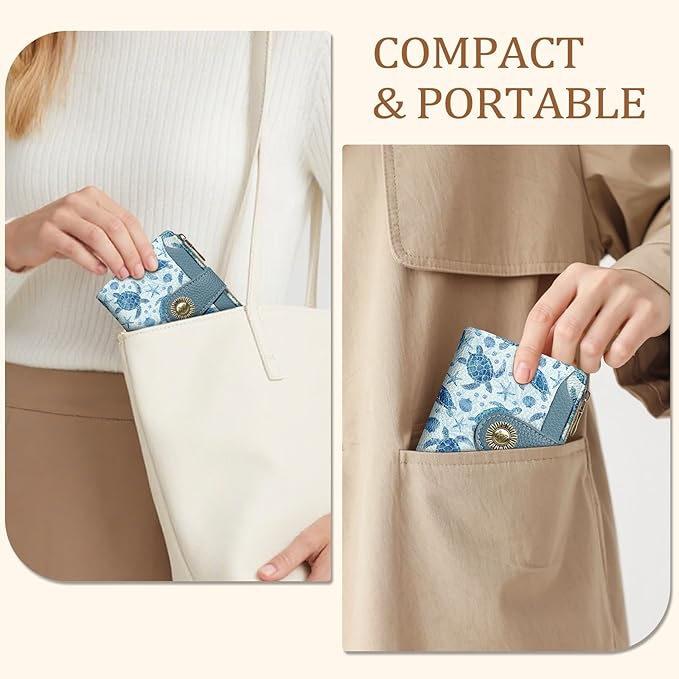 Icycay Sea Turtle Small Wallet Women RFID Blocking Bifold, Credit Card Holder, Zipper Coin Pocket, PU Leather, Cute, Compact, Travel, 4 ID Window, 14 Card Slots, Cash Purse, Ladies Woman Female Girls