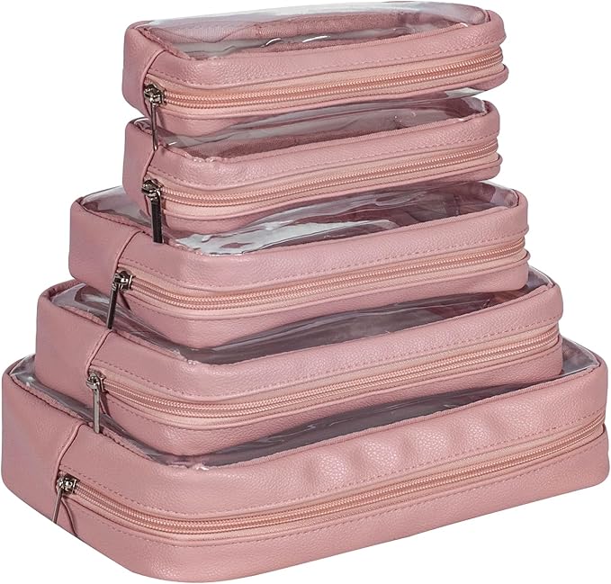 TSA Approved 5-Piece Diaper Bag Organizer Pouch Set Clear Waterproof TPU Kids Toiletry Storage Set Travel Packing Clutch Cube Bags for Baby Nursing (Light Pink Leather)